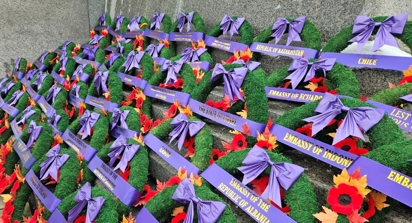 Numerous Remembrance Day wreaths at the National War Memorial in Ottawa